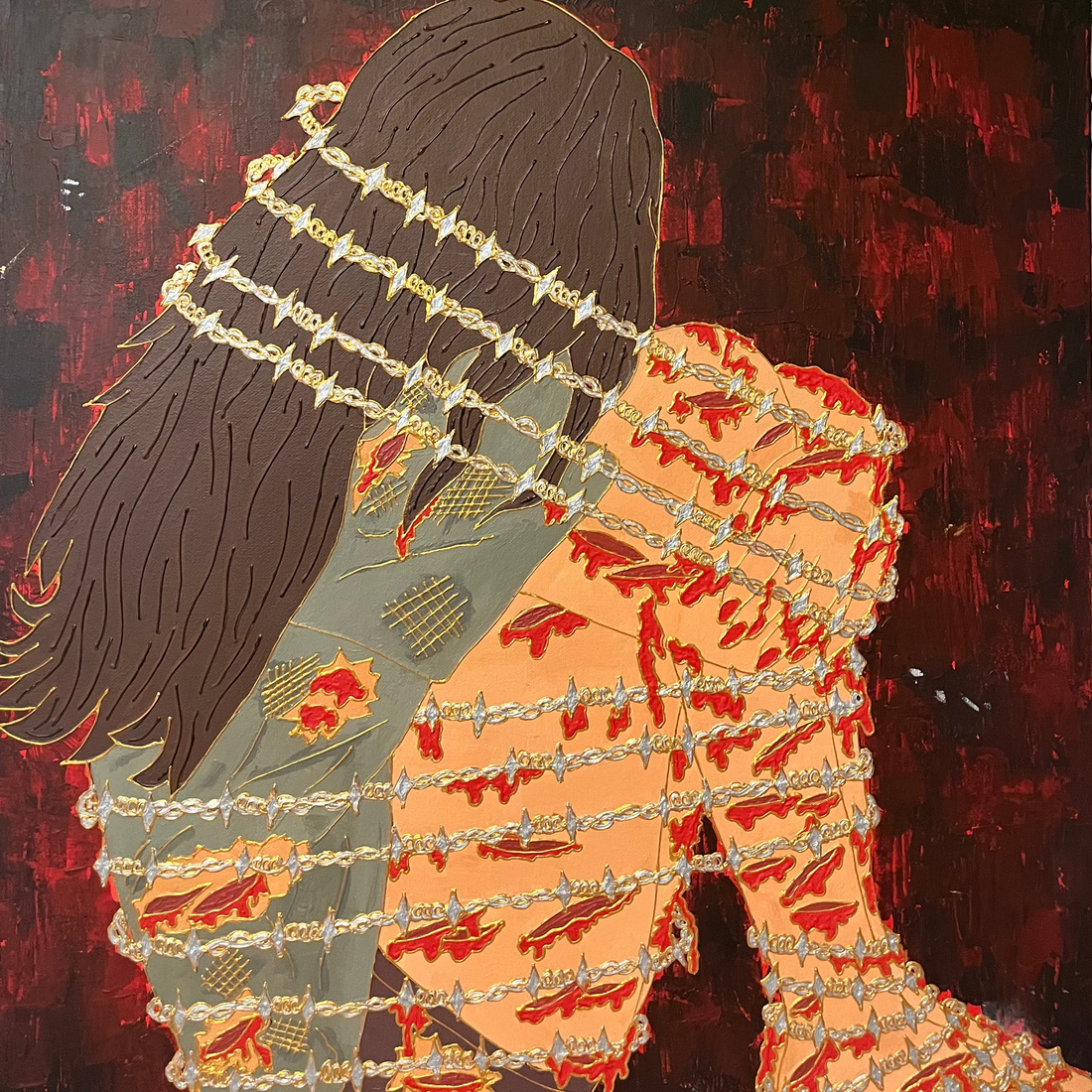 Girl hugging knees tied with barbed wire all around with scars